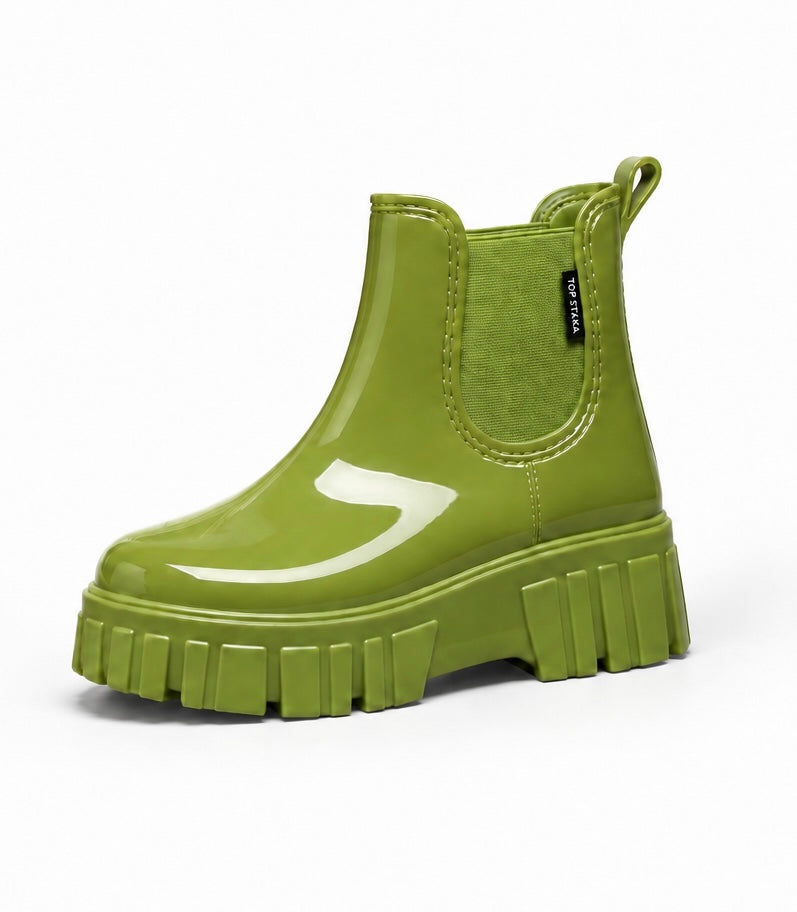 Green waterproof chunky Chelsea boot with pull-on elastic side panel and chunky sole
