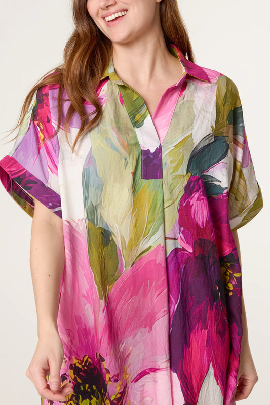 Abstract Leaf Open Collar Tunic Dress