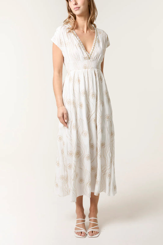 Gold Floral Embroidered V-Neck Midi Dress – White