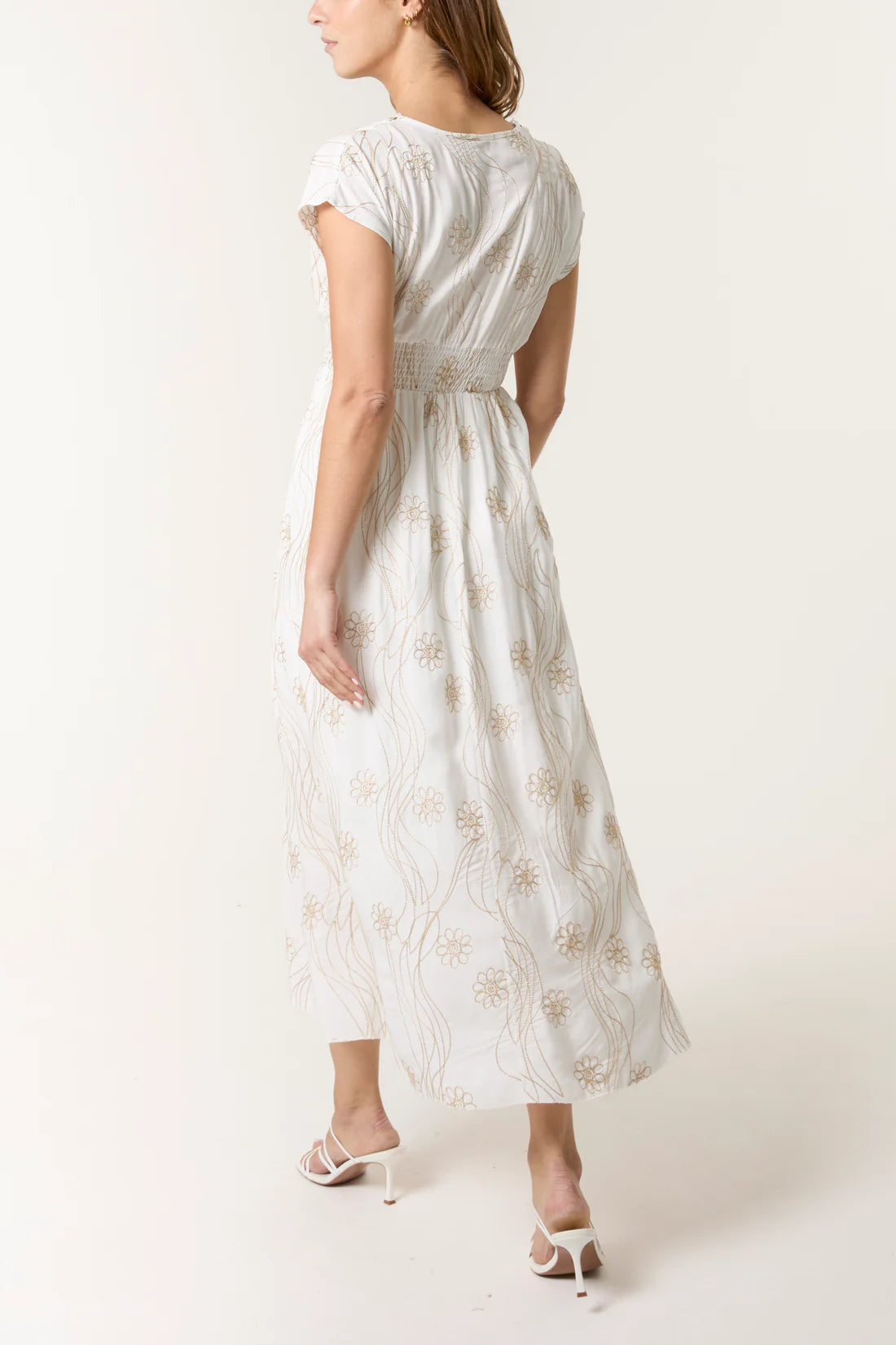 Gold Floral Embroidered V-Neck Midi Dress – White