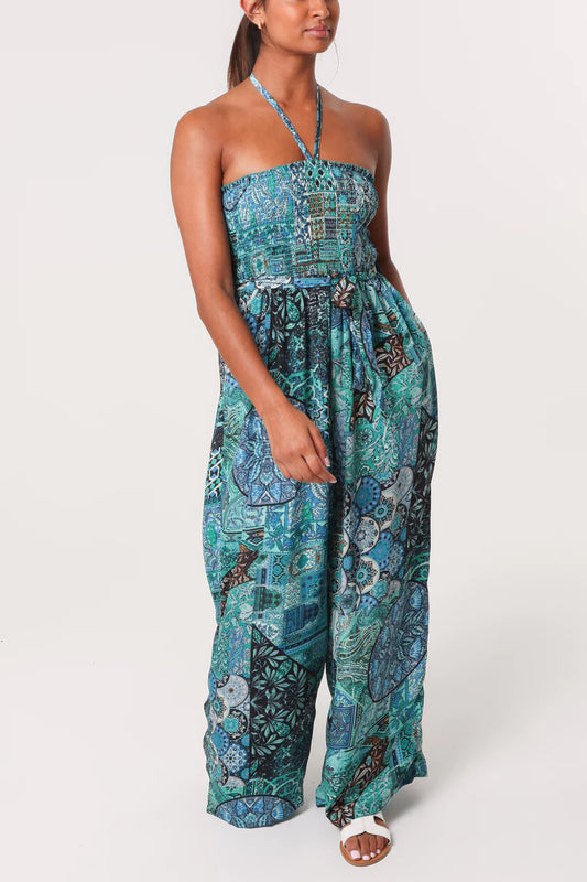 Boho Patchwork Print Boob Tube Jumpsuit – Teal
