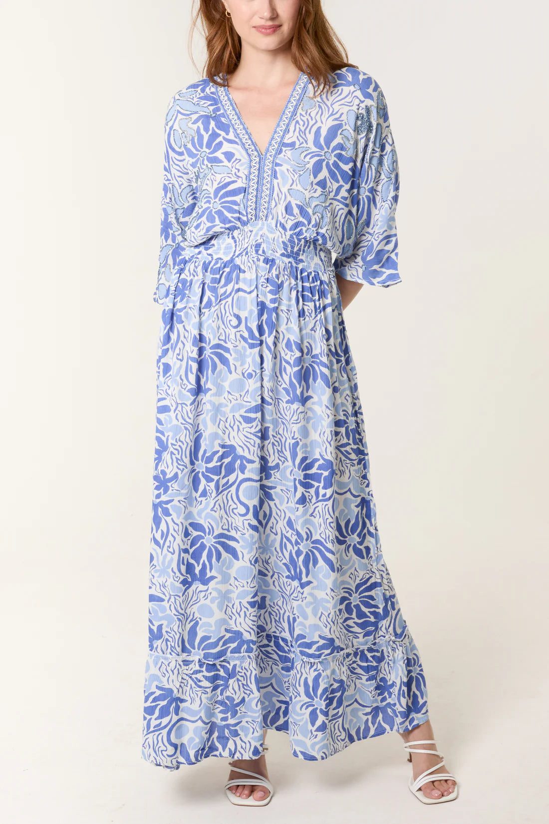 Beaded Leaf Print V-Neck Maxi Dress – Blue