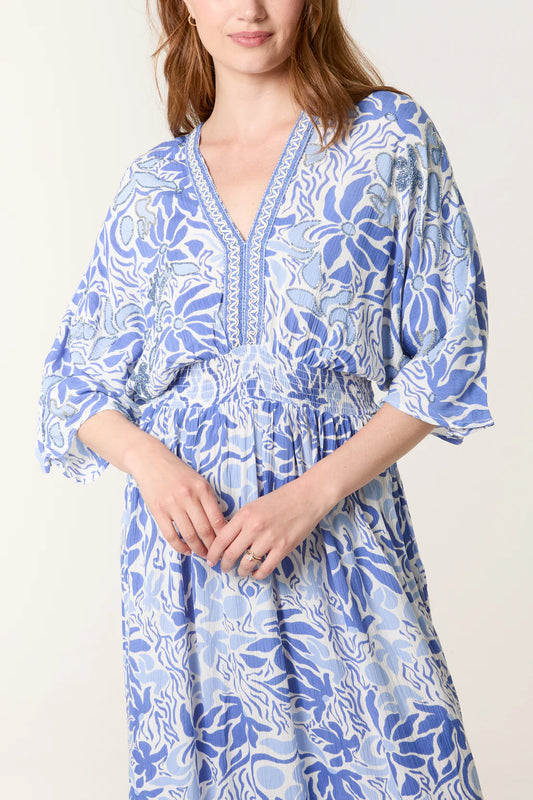 Beaded Leaf Print V-Neck Maxi Dress – Blue