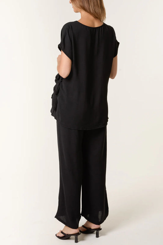 Tie Front Top & Wide Leg Trouser Co-ord Set – Black