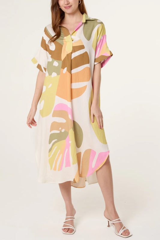 Abstract Leaf Open Collar Tunic Dress – Pastel