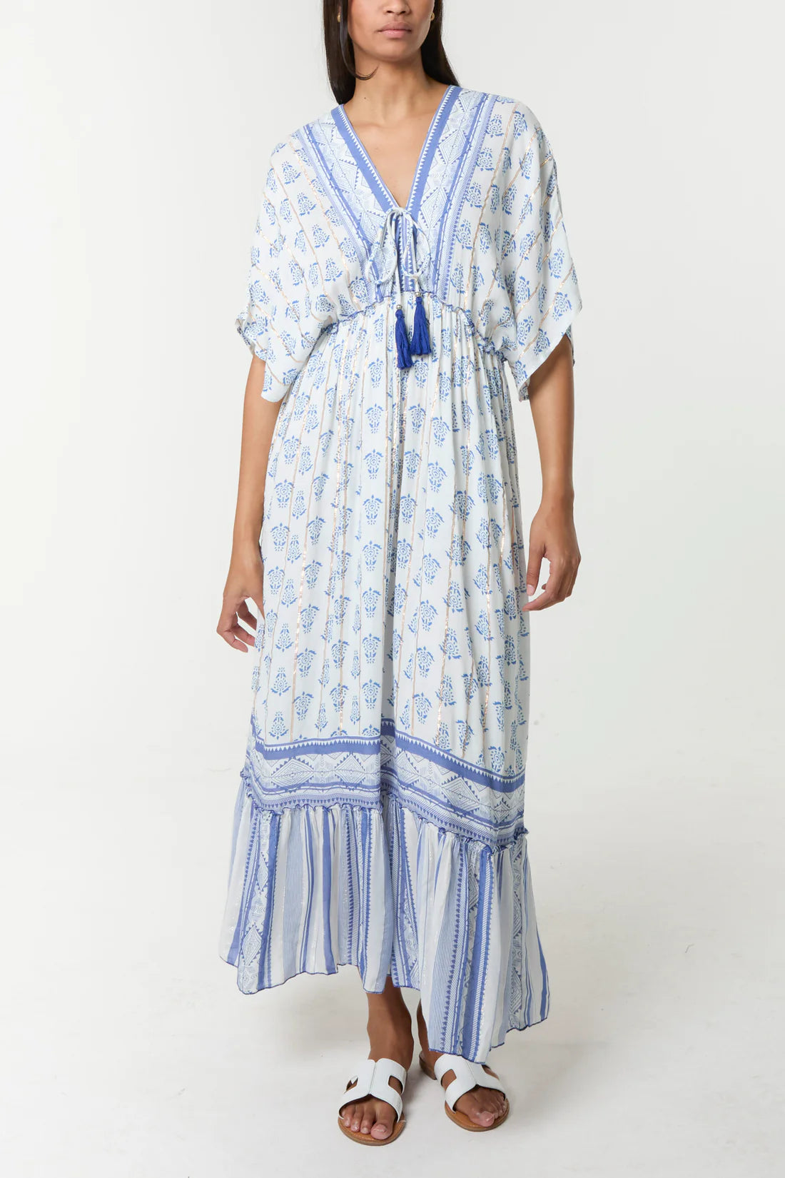 Boho Tassel V-Neck Midi Dress – Blue