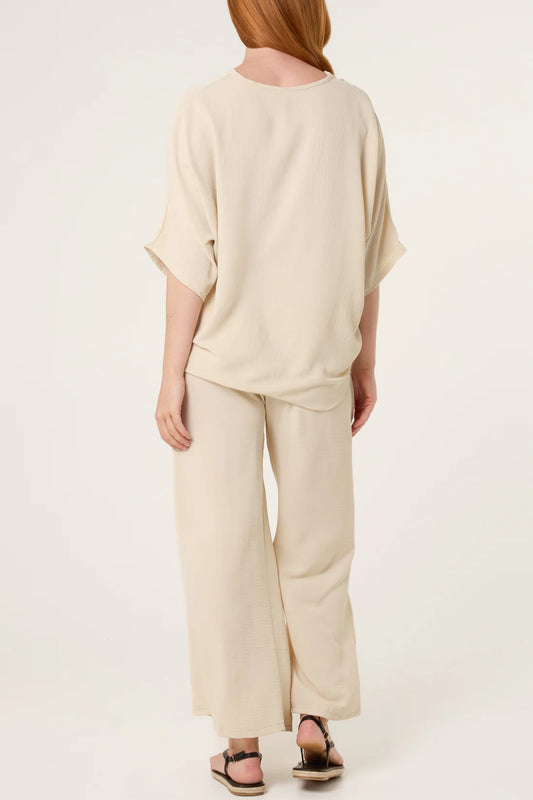 Button Tie Top & Trousers Co-ord Set – Cream