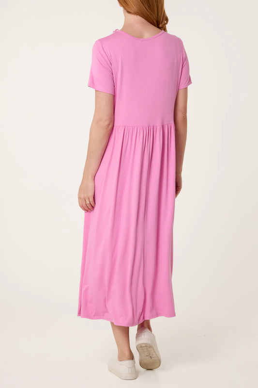 Stretch Tiered Midi Dress – Pink