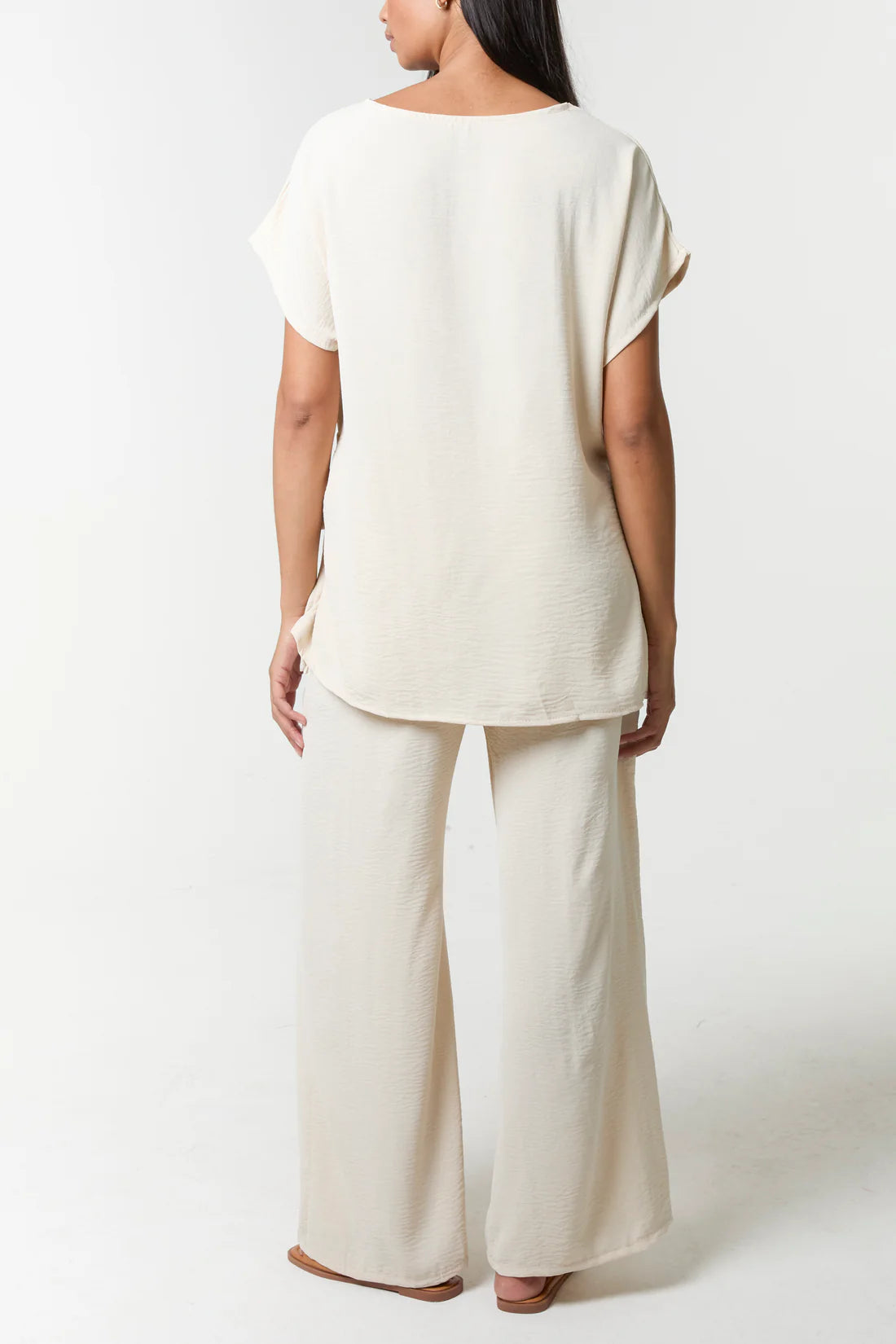Tie Front Top & Wide Leg Trouser Co-Ord Set - Cream