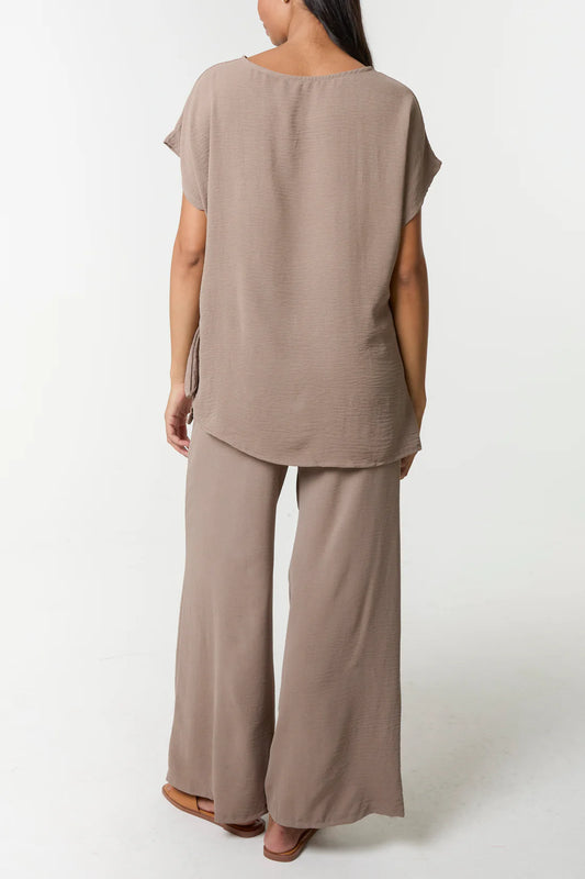 Tie Front Top & Wide Leg Trouser Co-Ord Set - Brown