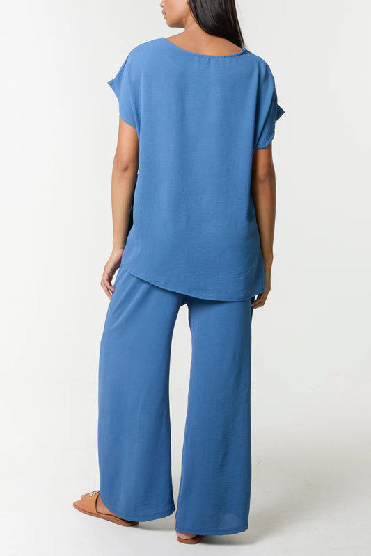 Tie Front Top & Wide Leg Trouser Co-Ord Set - Petrol Blue