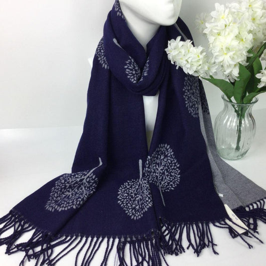 Cashmere Blend Tree of Life Reversible Scarf — Blue & Cream