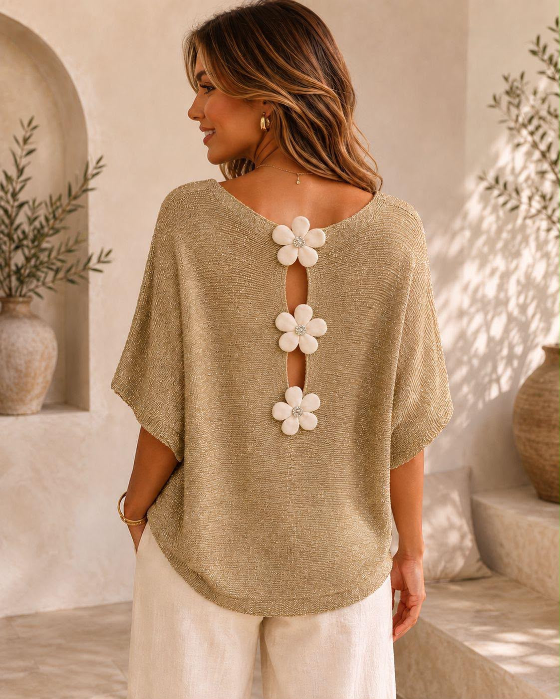 Daisy Gold Knit Open Back Top - back view with daisy detail