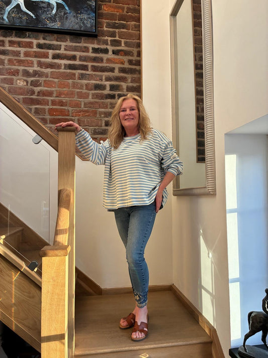 Stripe Slogan Sweatshirt – Blue & Cream
