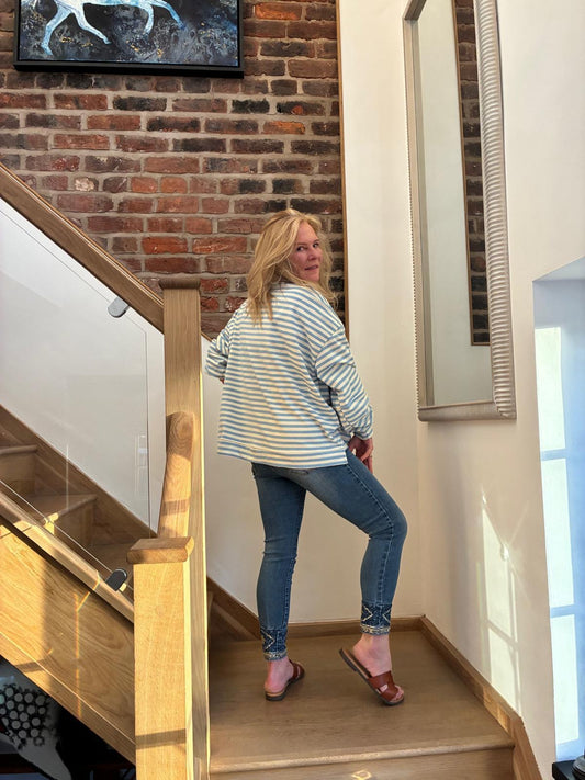 Stripe Slogan Sweatshirt – Blue & Cream