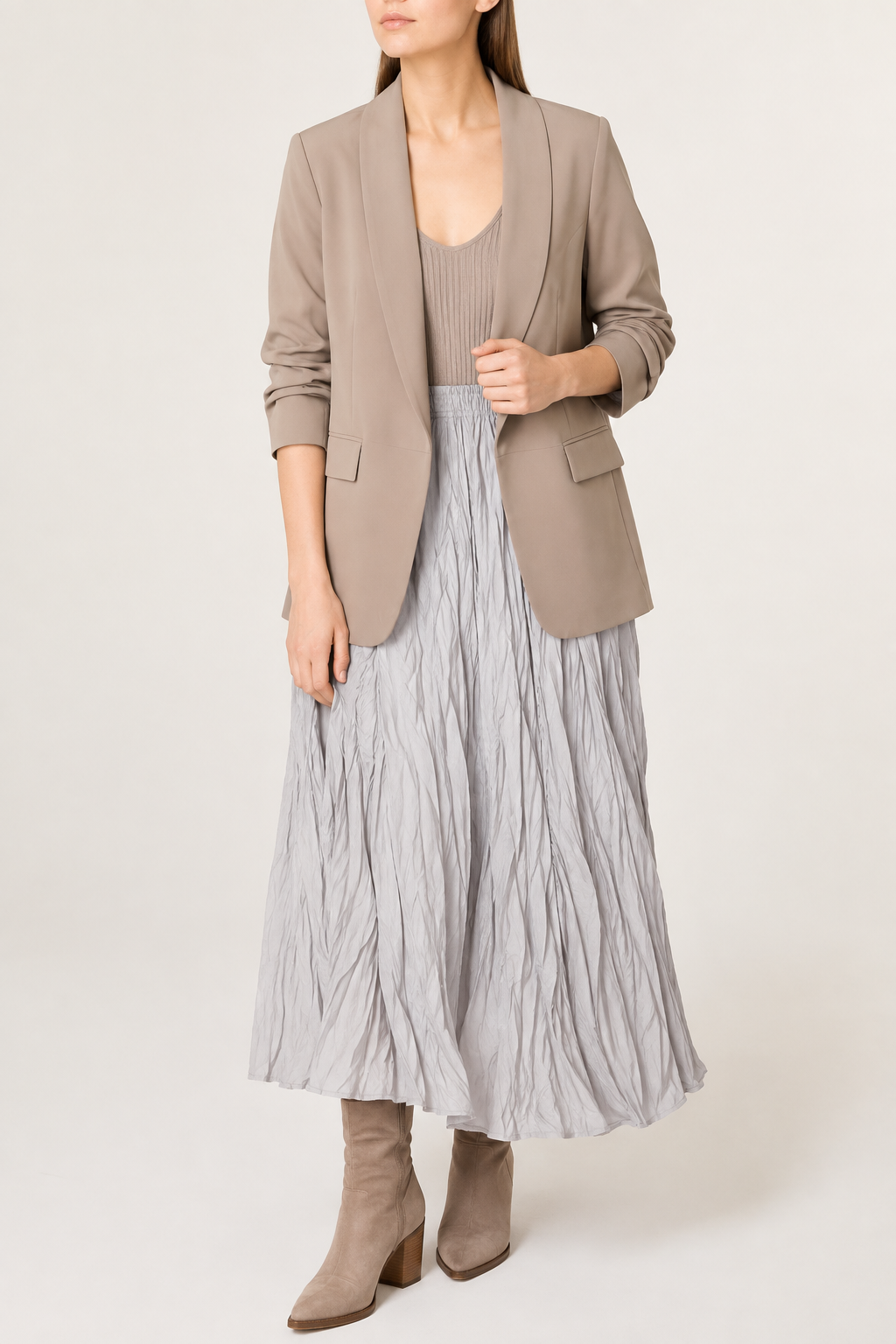 Silver Crinkle Textured Maxi Skirt