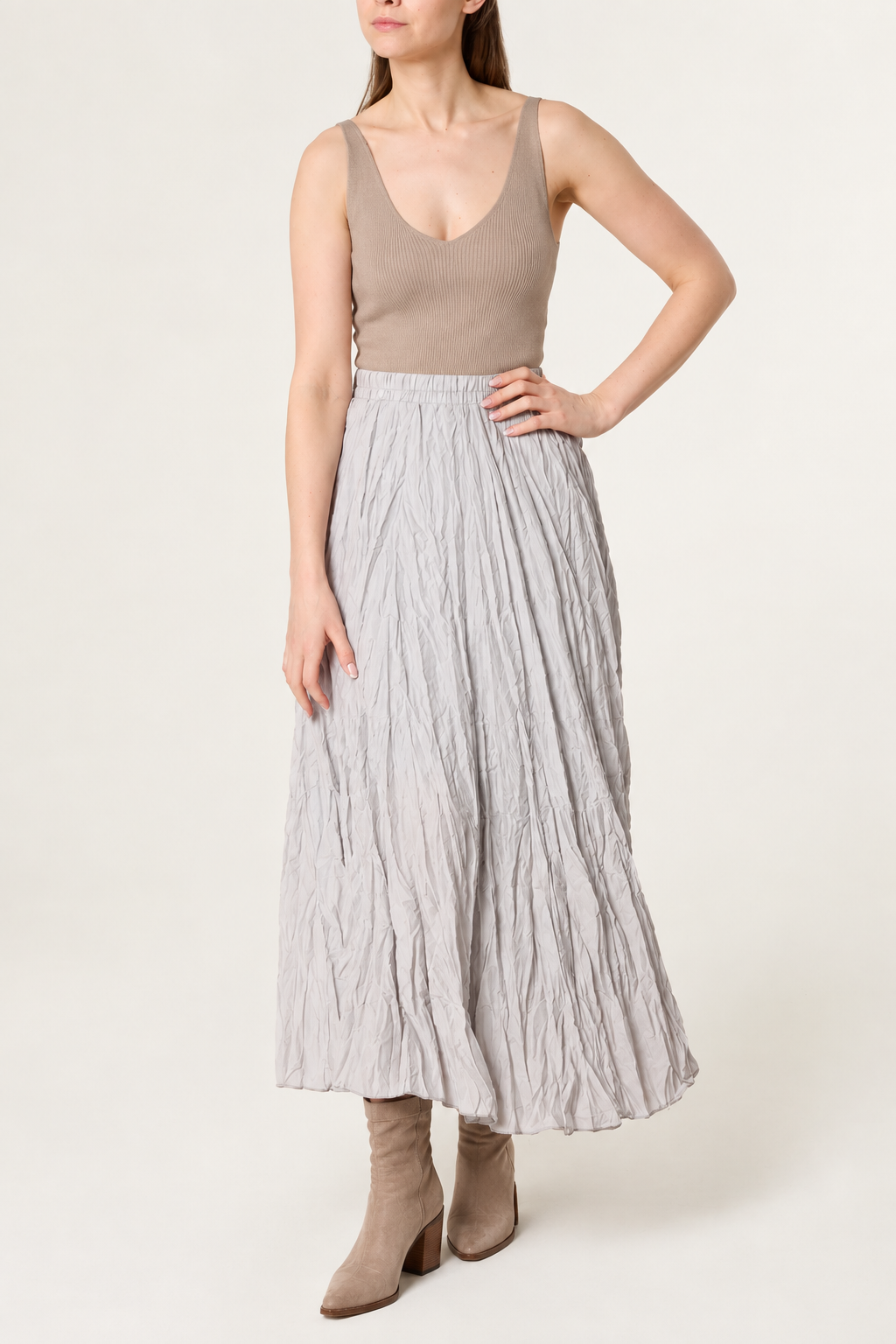 Silver Crinkle Textured Maxi Skirt