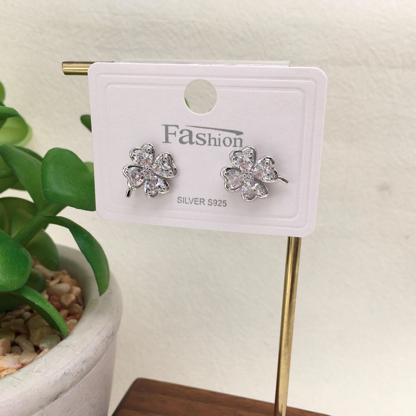 Silver Crystal Clover Stud Earrings