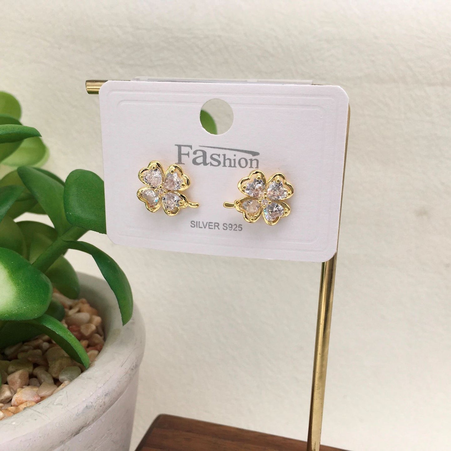 Gold Crystal Clover Stud Earrings