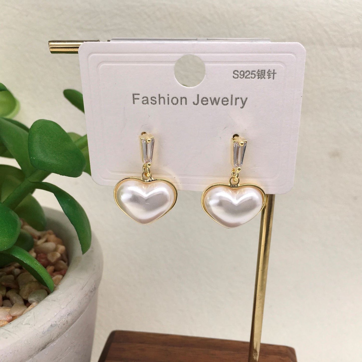 Gold & Pearl Heart Drop Earrings