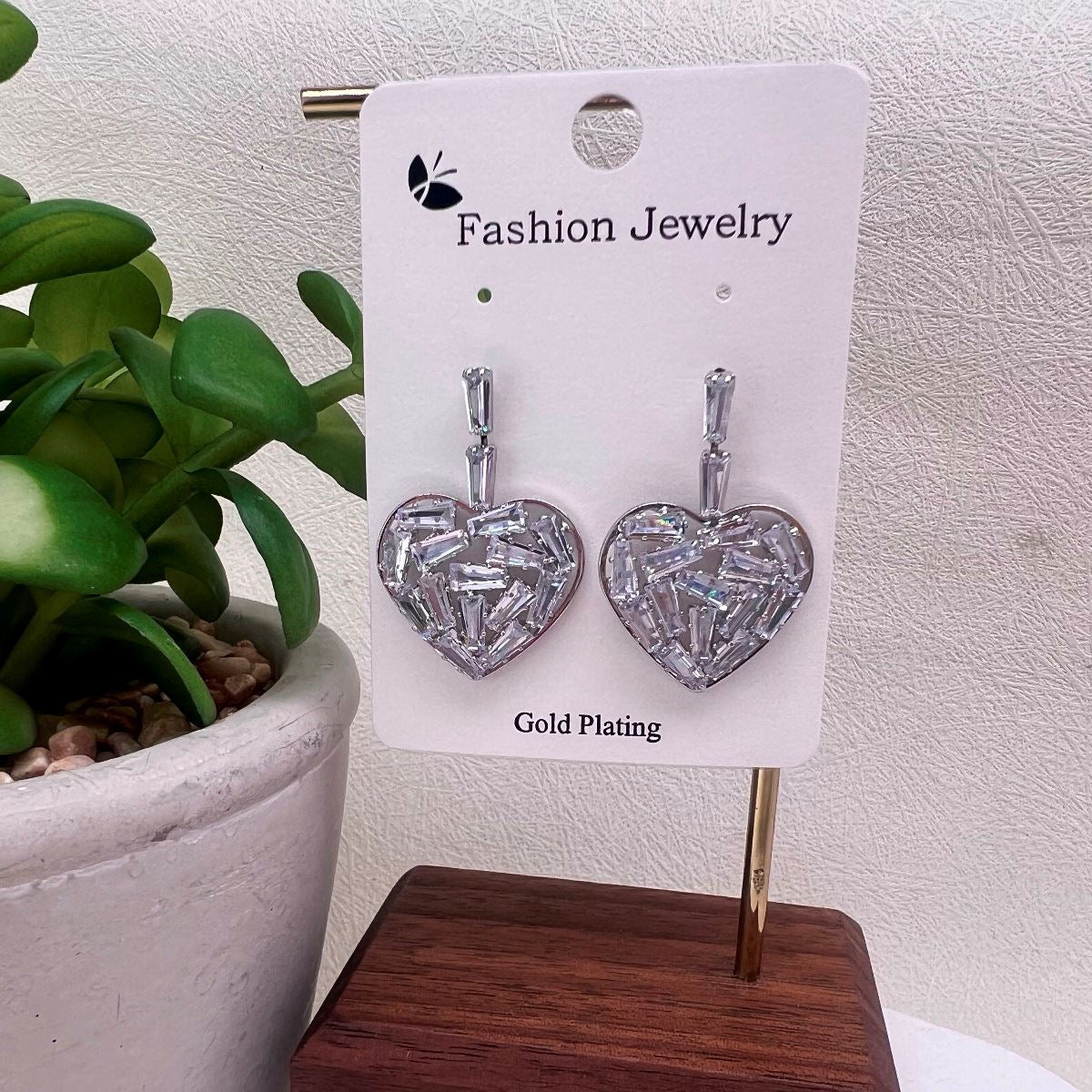 Silver Baguette Crystal Heart Drop Earrings
