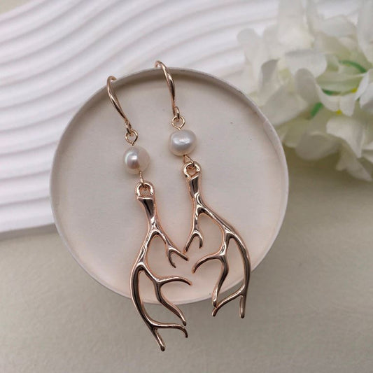 Gold Antler & Pearl Drop Earrings