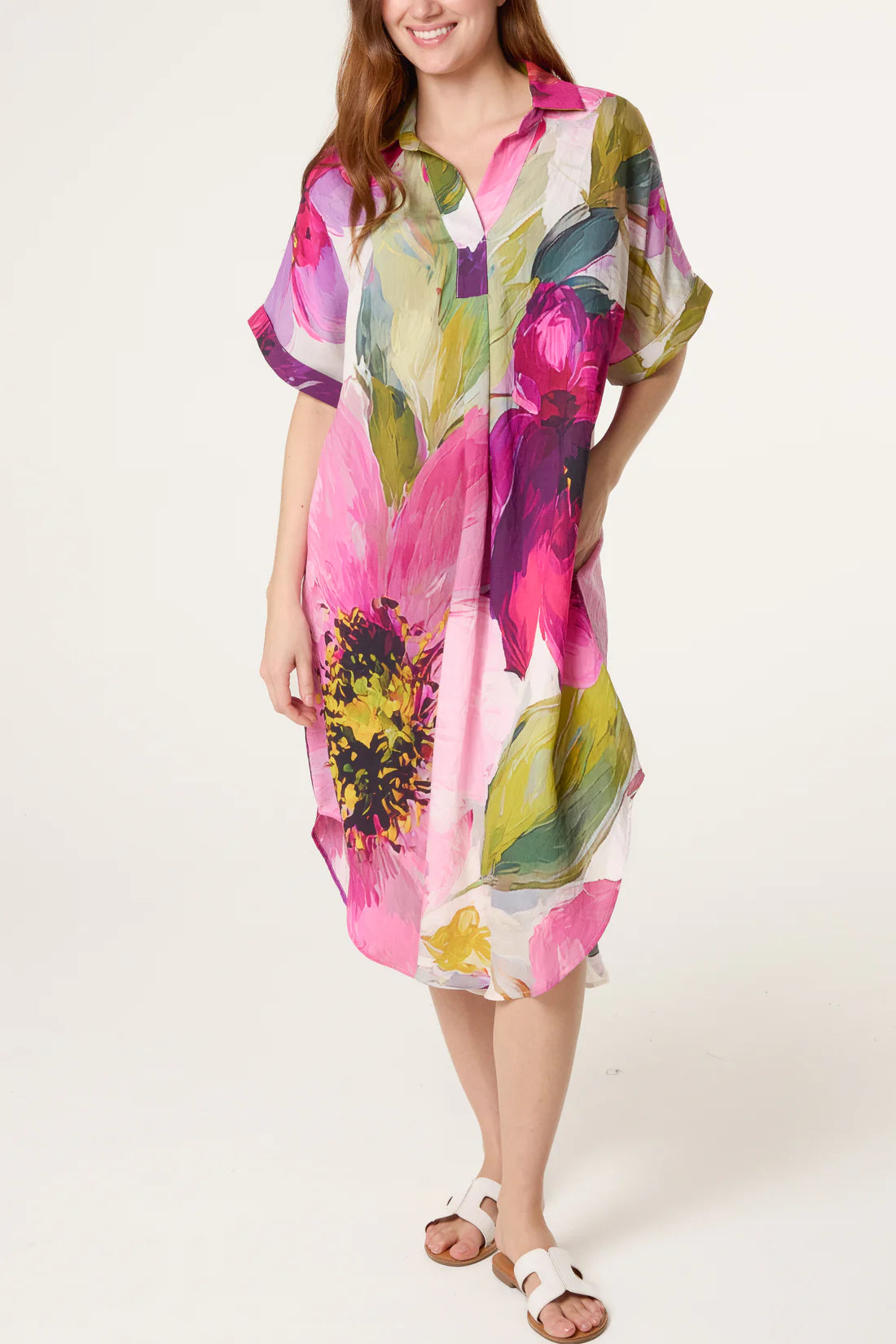 Abstract Leaf Open Collar Tunic Dress