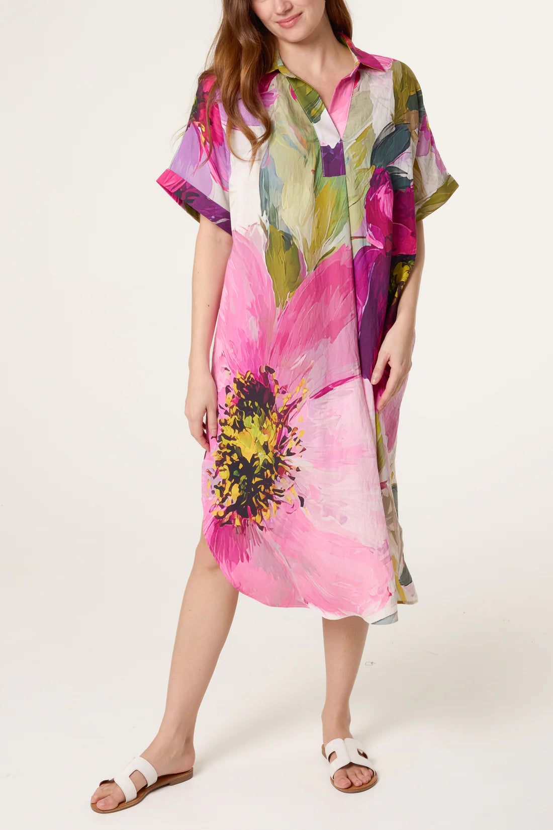 Abstract Leaf Open Collar Tunic Dress
