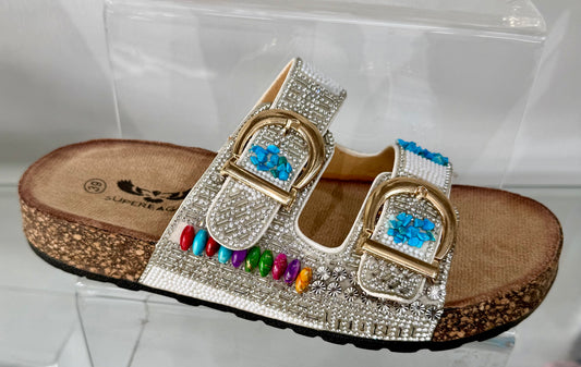 Diamanté & Stone Double Buckle Sandals