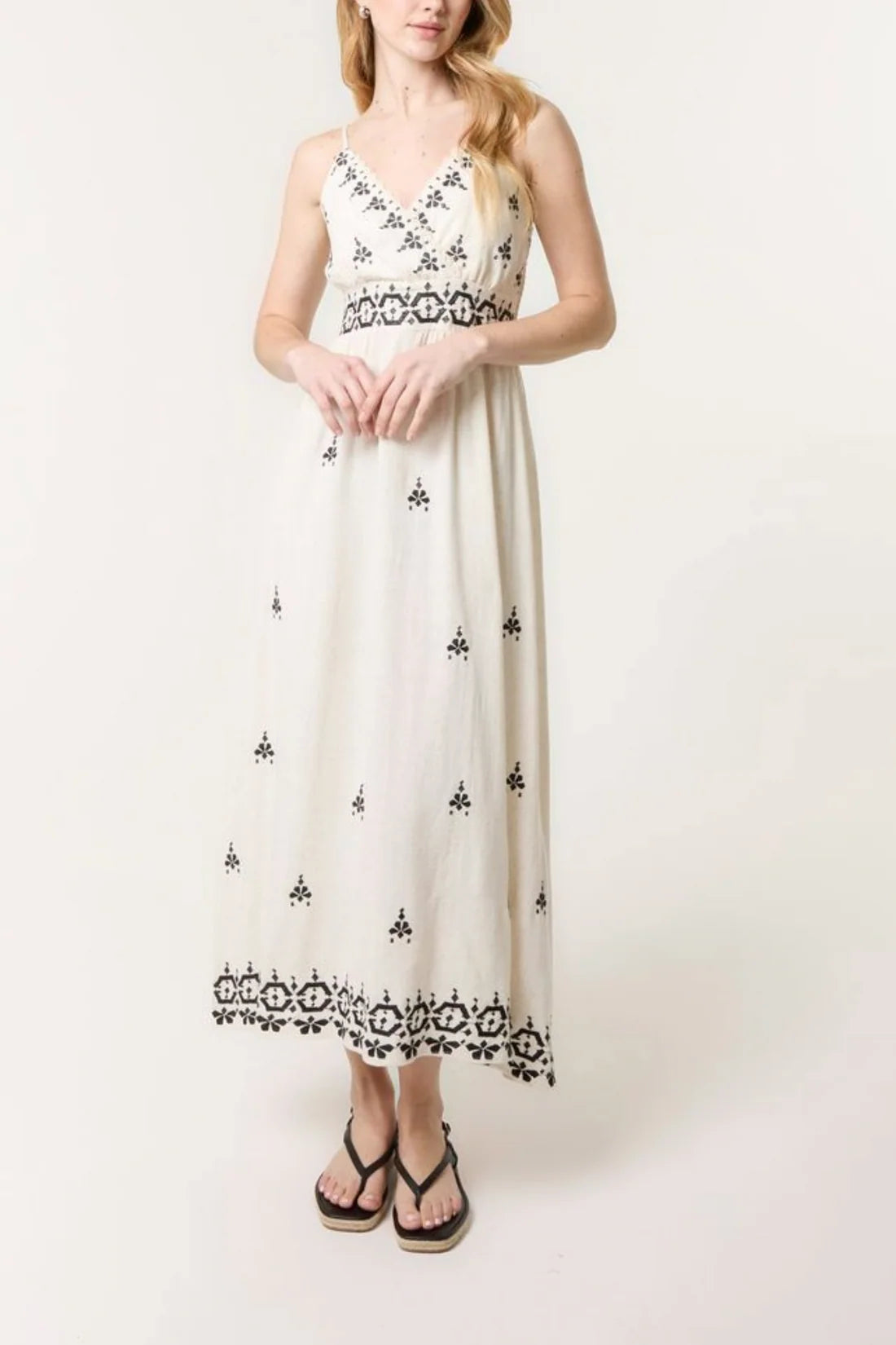 Embroidered Cross Wrap Neck Cami Dress – Linen