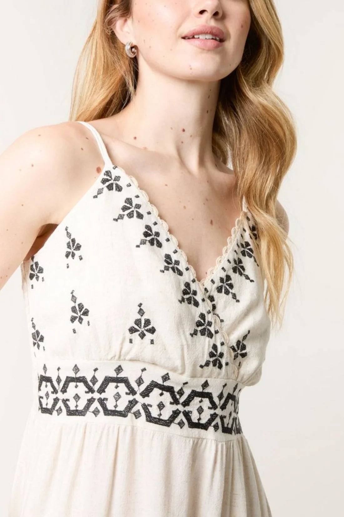 Embroidered Cross Wrap Neck Cami Dress – Linen