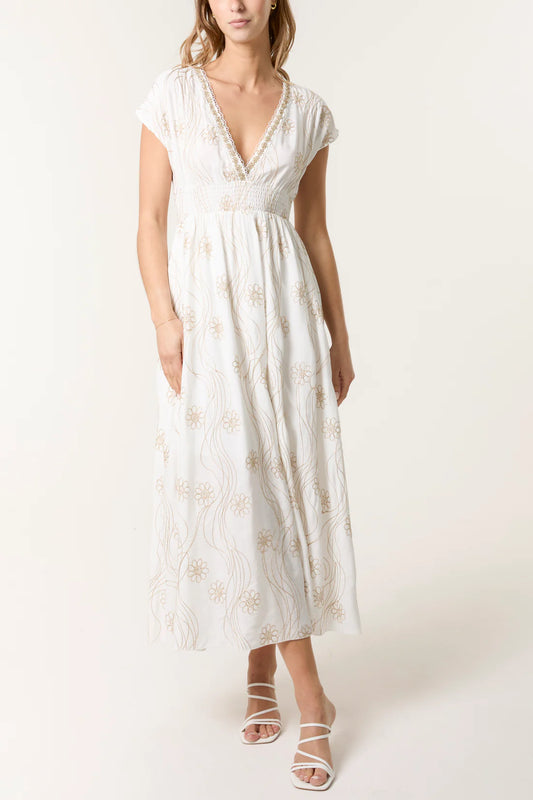 Gold Floral Embroidered V-Neck Midi Dress – White