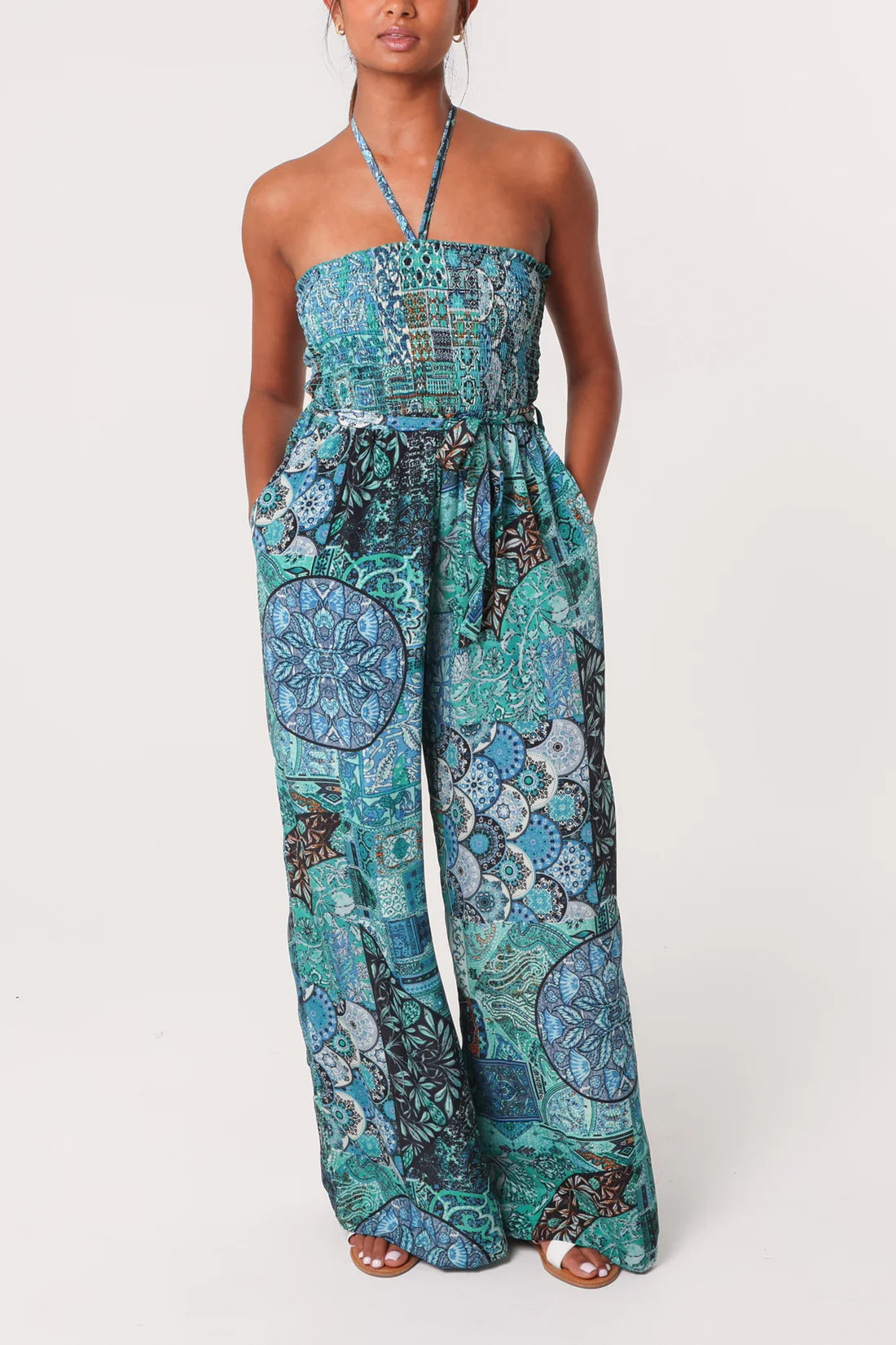 Boho Patchwork Print Boob Tube Jumpsuit – Teal