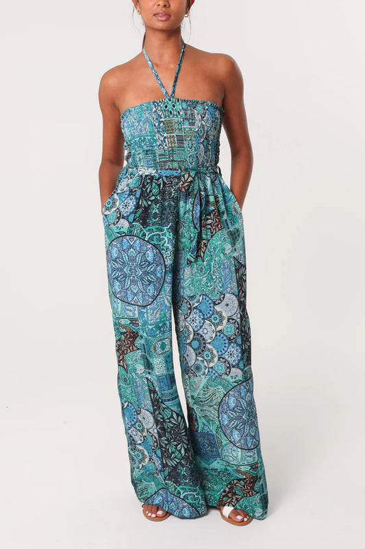 Boho Patchwork Print Boob Tube Jumpsuit – Teal