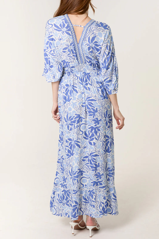 Beaded Leaf Print V-Neck Maxi Dress – Blue
