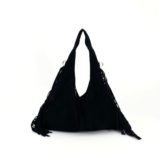 Suede Fringe Bag – Black