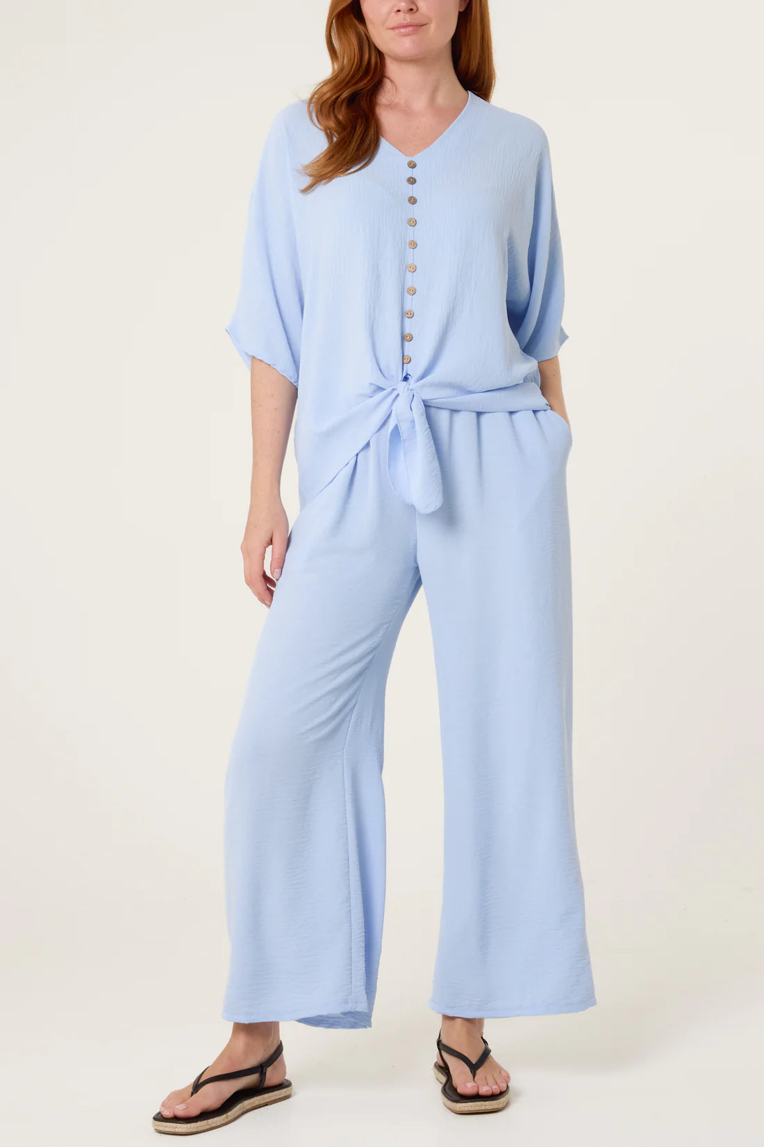 Button Tie Top & Trousers Co-ord Set – Baby Blue