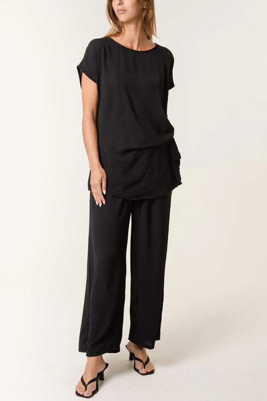 Tie Front Top & Wide Leg Trouser Co-ord Set – Black