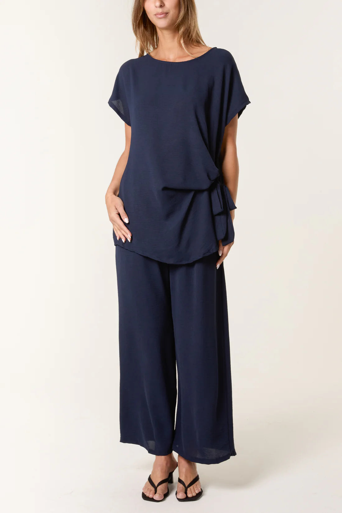 Tie Front Top & Wide Leg Trouser Co-ord Set – Navy