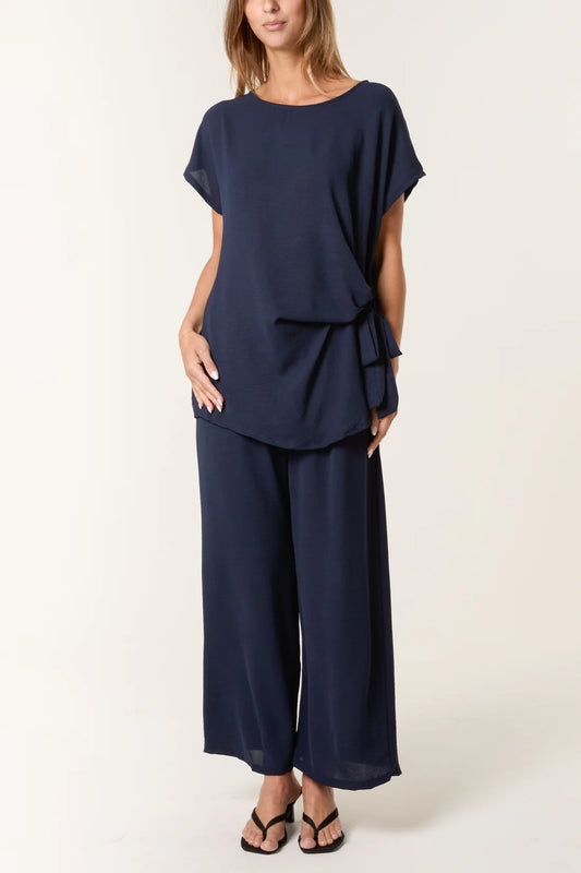 Tie Front Top & Wide Leg Trouser Co-ord Set – Navy