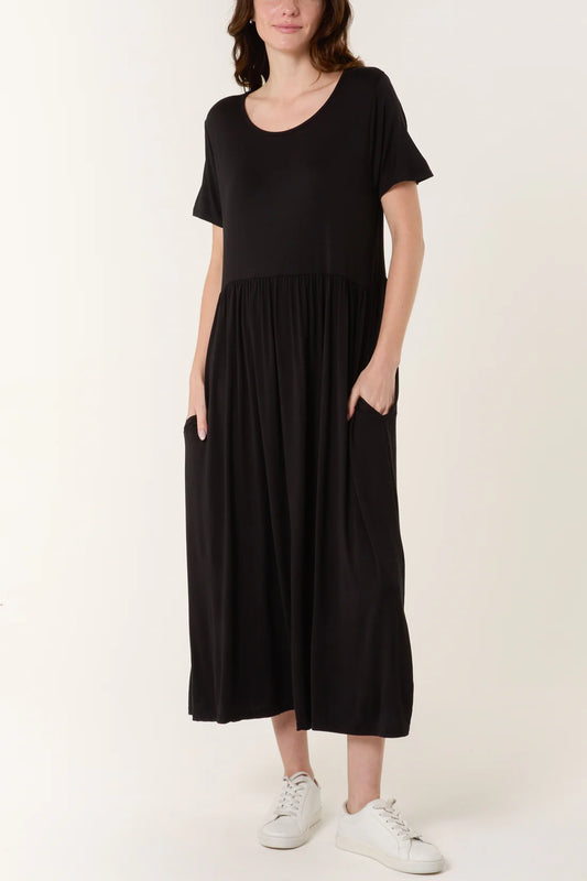 Stretch Tiered Midi Dress – Black