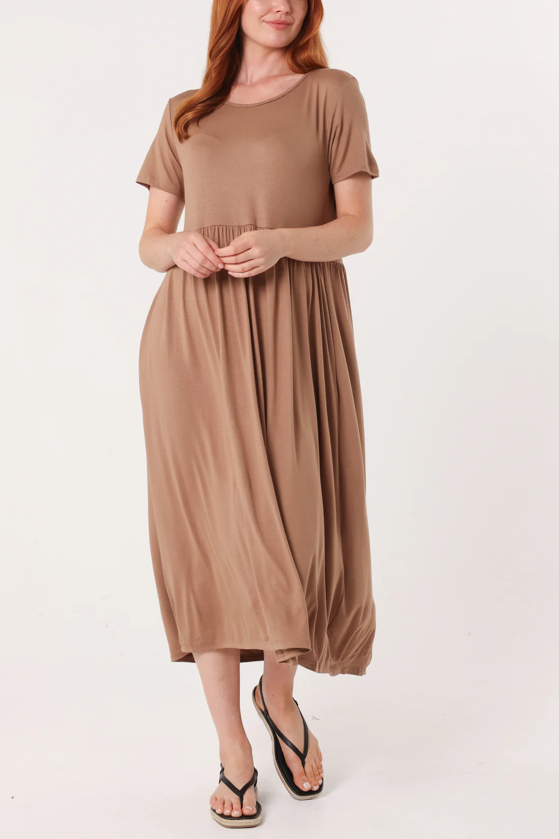 Stretch Tiered Midi Dress – Brown