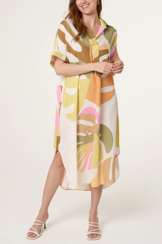 Abstract Leaf Open Collar Tunic Dress – Pastel