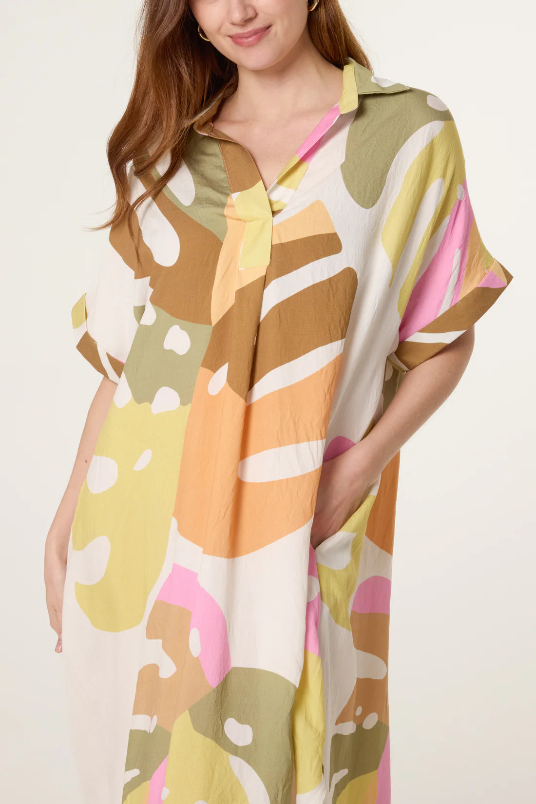Abstract Leaf Open Collar Tunic Dress – Pastel