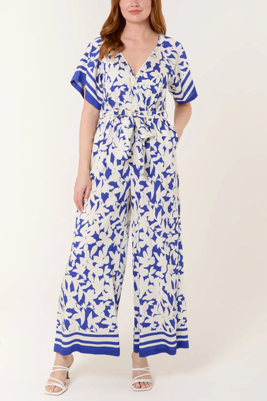 Tropical Floral Wide Leg Wrap Jumpsuit – Blue
