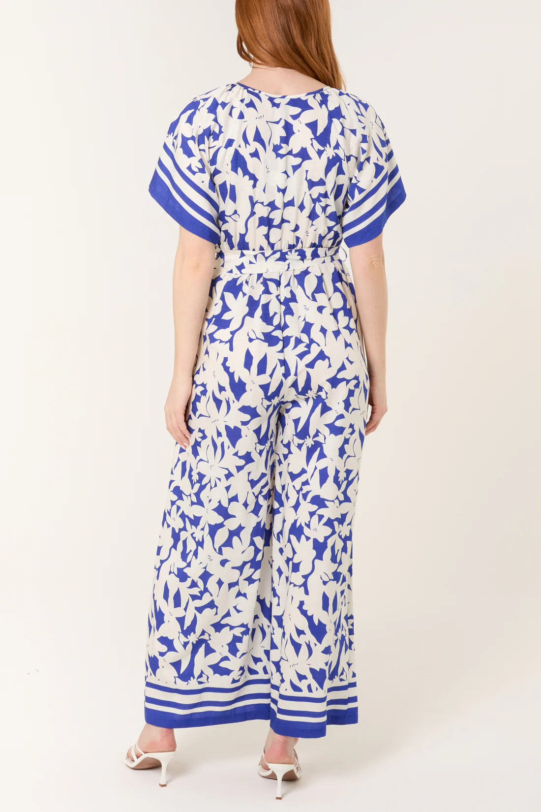 Tropical Floral Wide Leg Wrap Jumpsuit – Blue