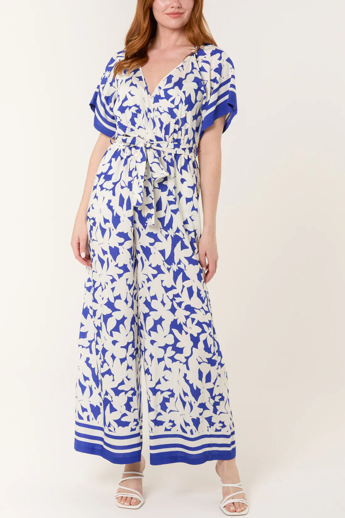 Tropical Floral Wide Leg Wrap Jumpsuit – Blue