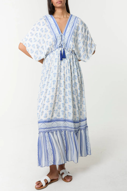 Boho Tassel V-Neck Midi Dress – Blue