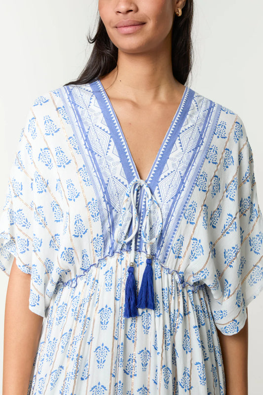 Boho Tassel V-Neck Midi Dress – Blue