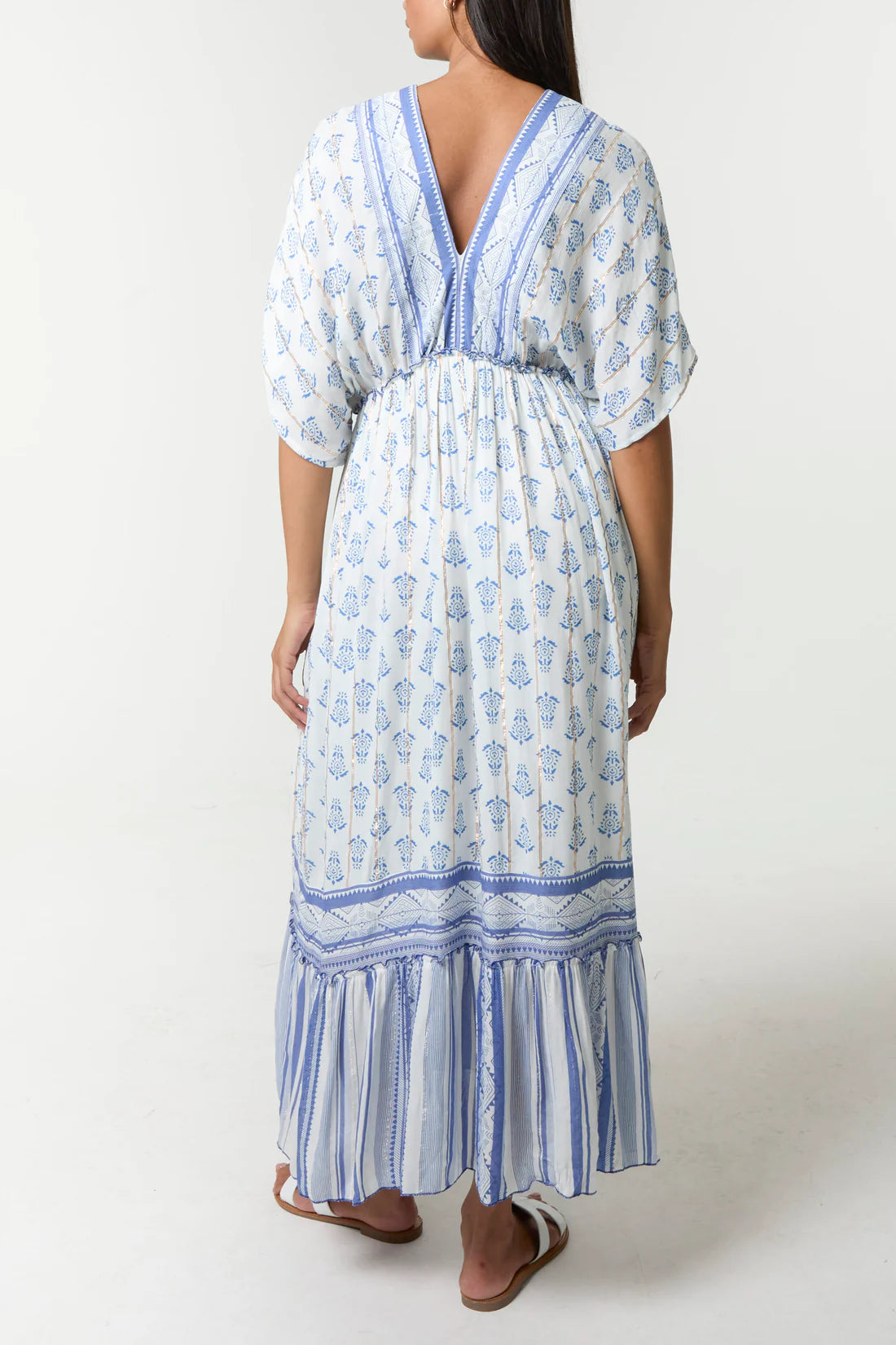 Boho Tassel V-Neck Midi Dress – Blue